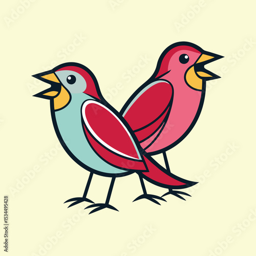 Photography Two colorful cartoon birds singing or chirping in a simple style design