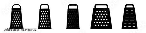 Five black and white vector silhouette icons of different types of graters