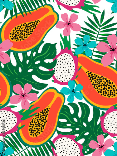 seamless exotic fruit and floral pattern with papaya, pitaya, green leaves and hibiscus flowers on white for summer design, wallpaper, textile print