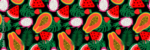 seamless tropical fruit pattern with papaya, dragon fruit, watermelon, strawberry and palm leaves on black background for summer textile, wrapping and decor