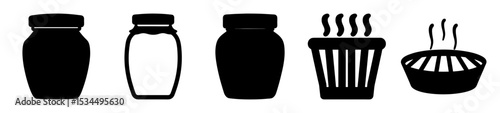 Collection of five food related icons featuring jars and heated dishes