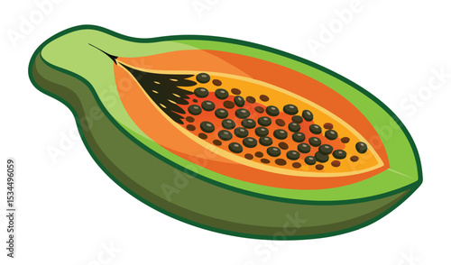 Sliced Papaya Fruit Illustration Green Skin, Orange Flesh, and Black Seeds Isolated on White