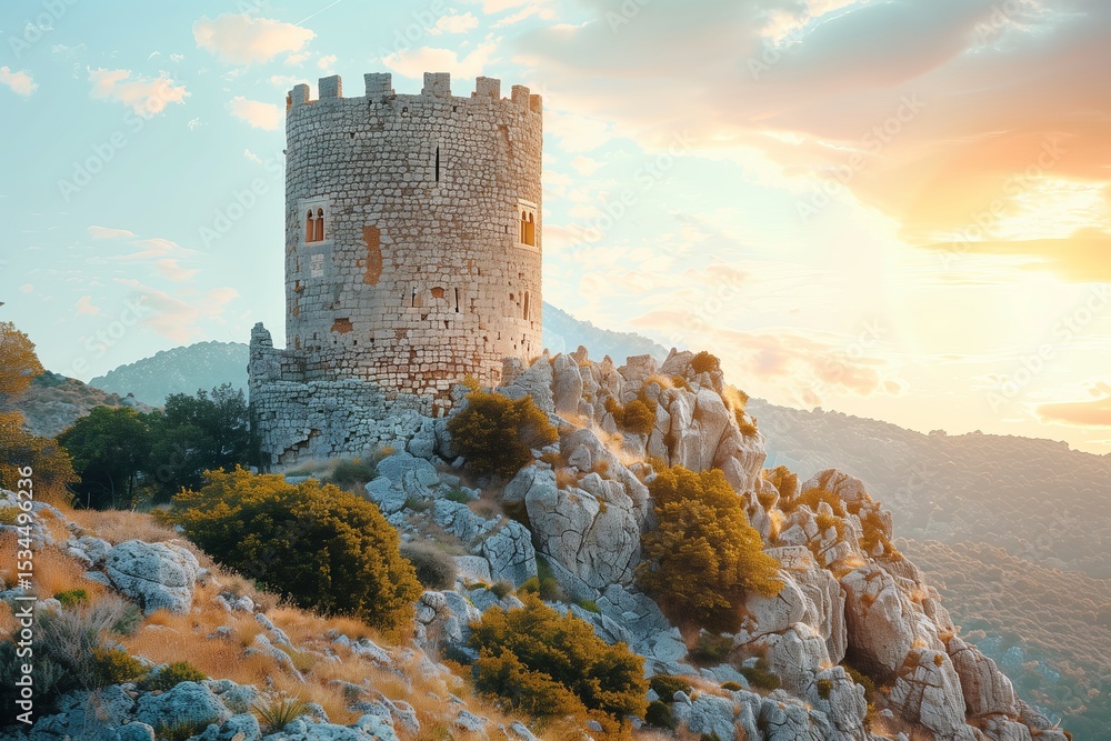Ancient stone tower atop a rocky hill, surrounded by scenic landscape and bright sunset sky, evoking history and exploration. Ancient stone tower atop a rocky hill, surrounded by scenic landscape and bright sunset sky, evoking history and exploration.