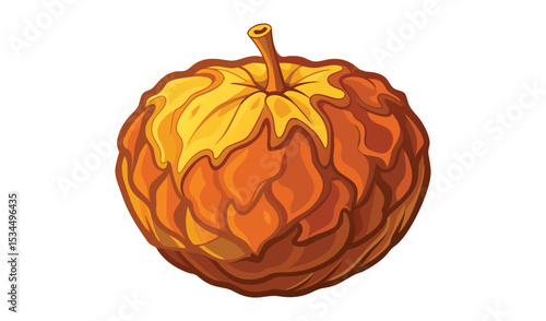 Stylized Orange Fruit Illustration with Stem and Segmented Peel on White Background
