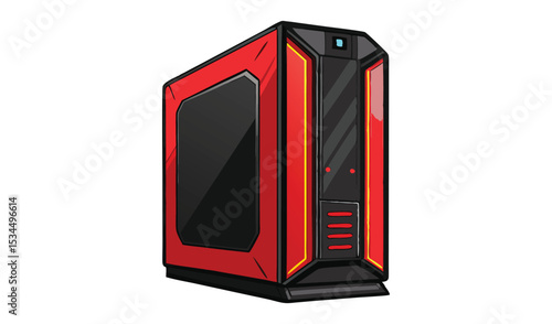Stylized Red and Black Computer Case with Ventilation Ports and Power Button Isolated