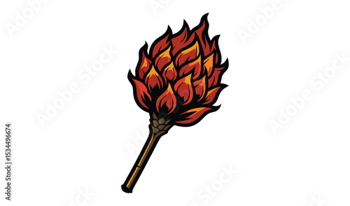 Stylized Torch Illustration Orange Flames, Brown Handle, Dark Outlines on White Background