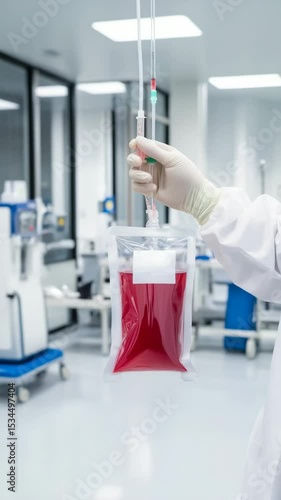 Medical professional handling blood bag in a sterile laboratory environment