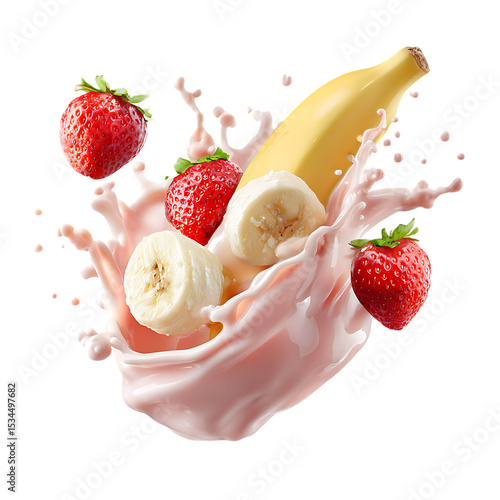 Creamy Strawberry Banana Milk Splash in Mid-Air Motion