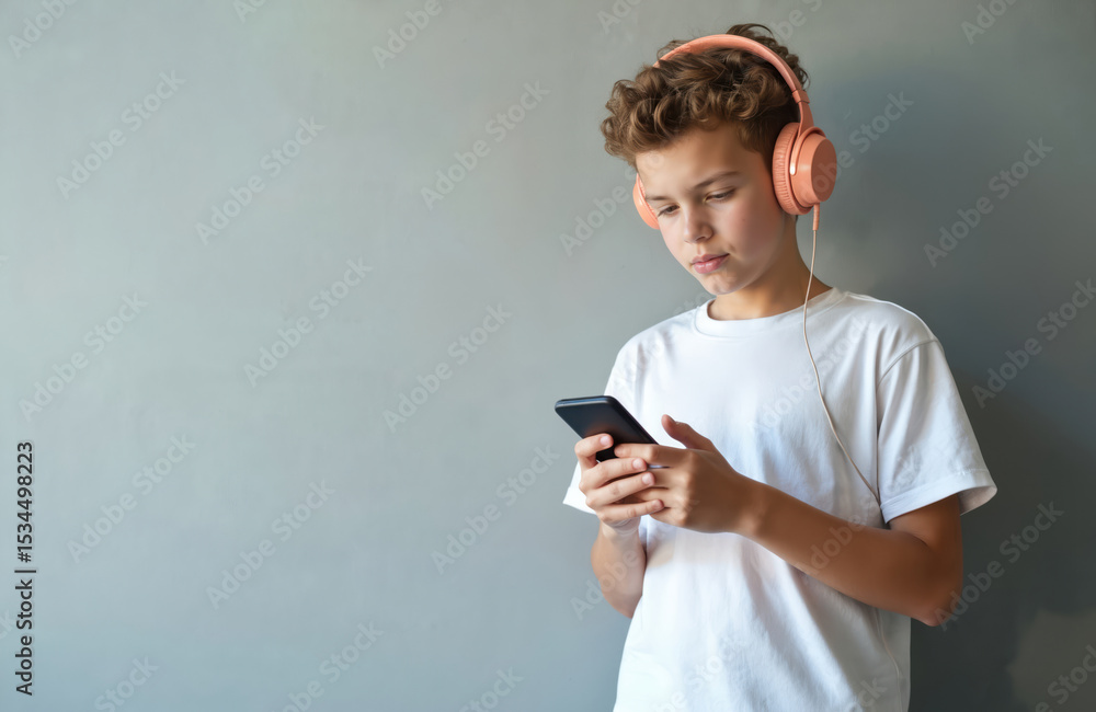 Fototapeta premium Teen boy wearing headphones using smartphone. Young man listens music app. Teenager with mobile phone, modern tech device. Student listening audiobook, podcast against wall. Teenager, music lover,