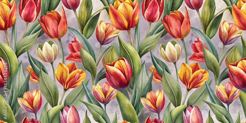 Obraz premium Vibrant floral pattern featuring various tulips in warm hues.