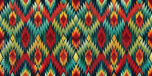 Vibrant geometric pattern featuring red, green, and yellow hues.
