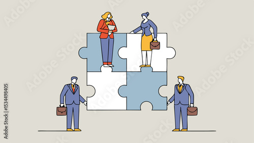 Teamwork and collaboration illustration featuring business professionals assembling a puzzle representing unity and partnership on a transparent background