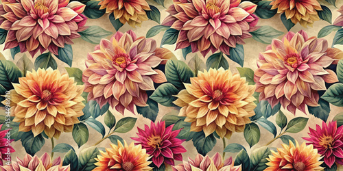 Beautiful floral pattern featuring vibrant dahlia flowers in warm hues.