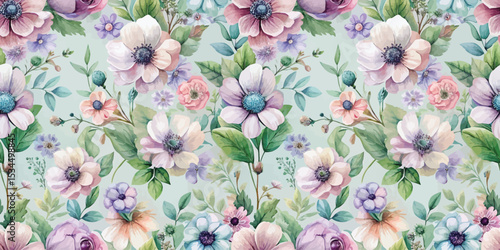 A vibrant floral pattern featuring soft pastel flowers on a mint green background.
