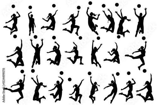 Volleyball player silhouette. Disabled athletes with different actions, and postures. Silhouette Collection of Female Volleyball Players in Action