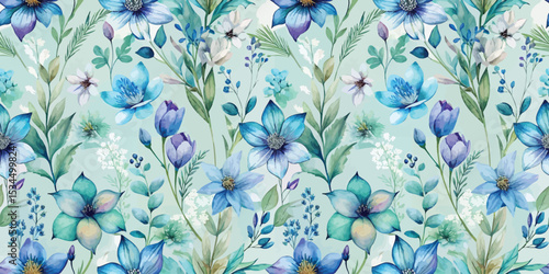 A vibrant floral pattern featuring blue and green watercolor flowers.