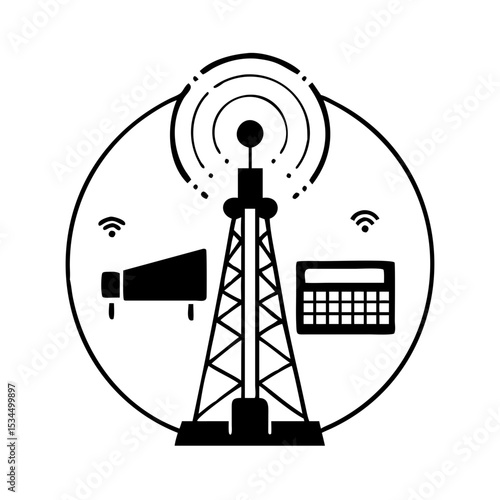 Communication Tower Broadcasting Network System with Calculator and Loudspeaker silhouette icon