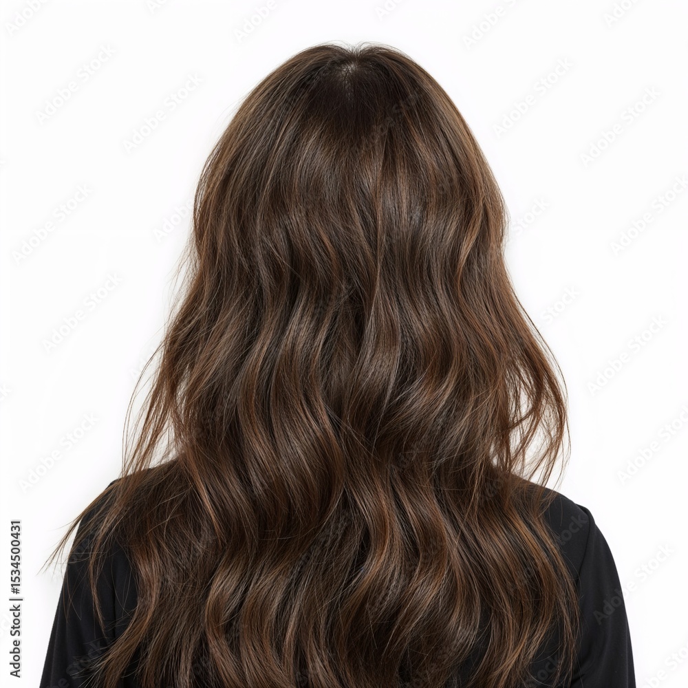Fototapeta premium Brunette dark hair back view over white background, no shadow