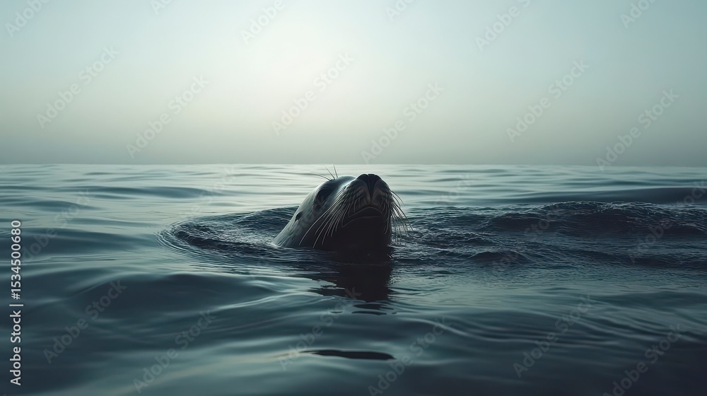 Fototapeta premium Sea lion's head emerges from calm ocean water at sunrise/sunset.