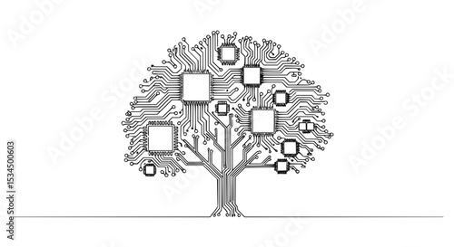 Abstract tree design with circuit patterns and digital elements  