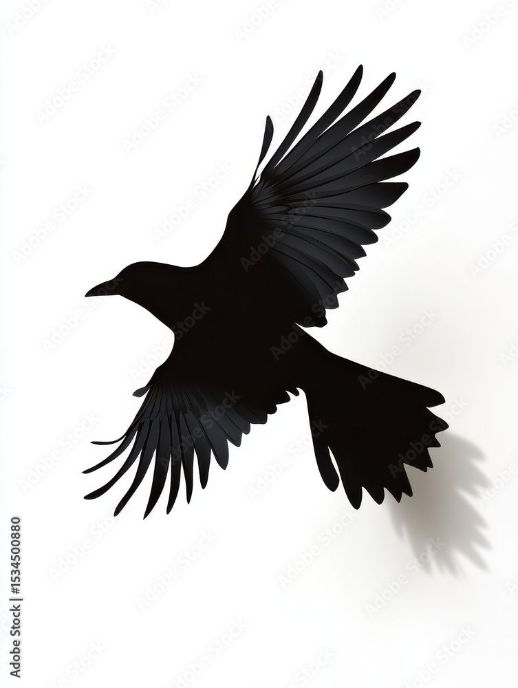 Fototapeta premium Silhouetted bird in flight against white background with shadow