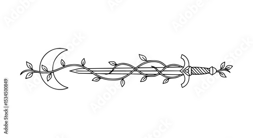 Decorative sword entwined with leaves and crescent moon design  