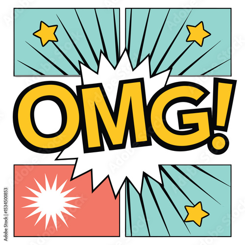 Pop art style exclamation with the acronym omg against colorful geometric backgrounds