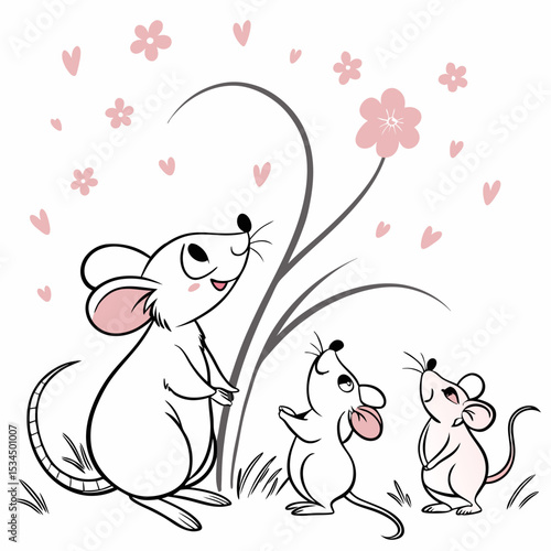 Cute illustration of mice admiring flowers, playful design, whimsical and cheerful theme, nature-inspired