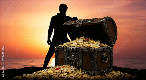 Treasure Hunter Silhouette with Chest Full of Gold - Adventure and Wealth Concept Art
