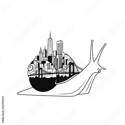 Snail carrying city skyline illustration in black and white  