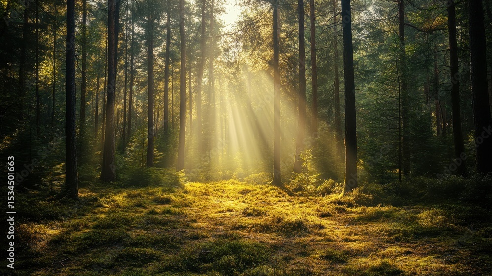 Obraz premium A photostock images of a forest with sunlight streaming through the trees