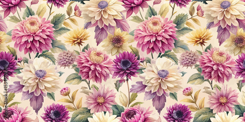 Vibrant floral pattern featuring mixed colorful flowers in shades of purple and cream.