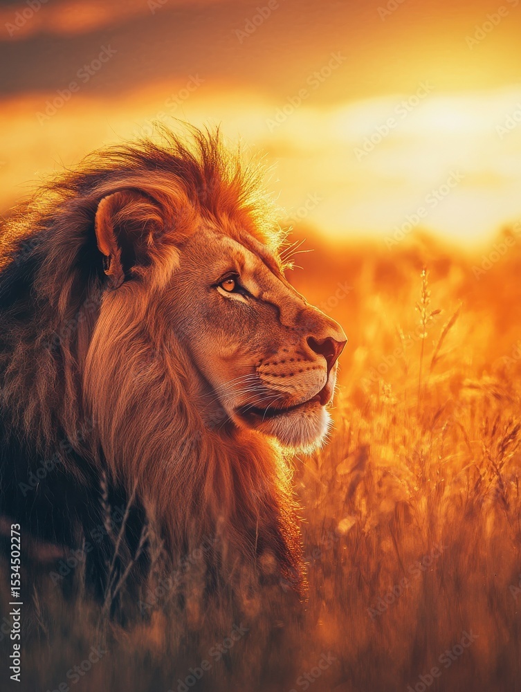 Naklejka premium Lion gazing into the distance in a sunlit field at sunset. Majestic wildlife portrait with warm colors and serene light. African savannah and noble animal concept for design and print