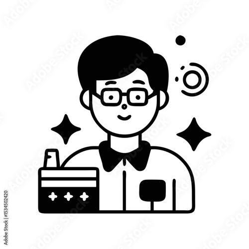 A happy clean service professional holding a cleaning equipment with magical sparkles silhouette icon