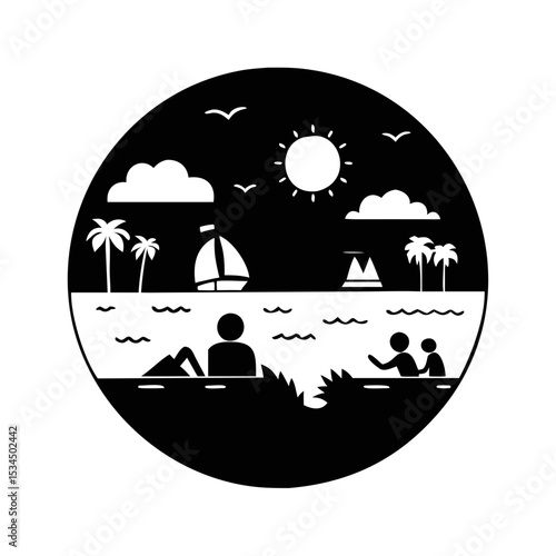 Monochromatic minimalist vector of a beach scene with people and nature silhouette icon