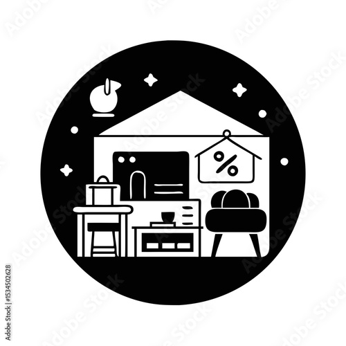 Abstract Black and White Flea Market Icon in Circular Shape silhouette icon