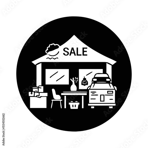 Black and white vector of a yard sale with various items silhouette icon