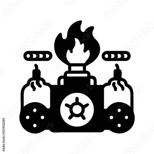 Stylized refinery or industrial machine with flames and fluid chambers vector silhouette icon