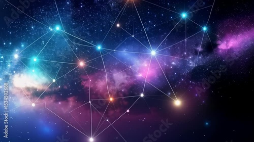 Wallpaper Mural Abstract network of interconnected glowing nodes overlaid on a colorful cosmic nebula background in deep space Torontodigital.ca