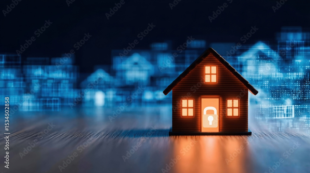 Illustration of a home with a padlock symbol highlighting the importance of security in modern smart homes for cybersecurity discussions. concept of smart house, ai intelligence, home security, econom Illustration of a home with a padlock symbol highlighting the importance of security in modern smart homes for cybersecurity discussions. concept of smart house, ai intelligence, home security, econom