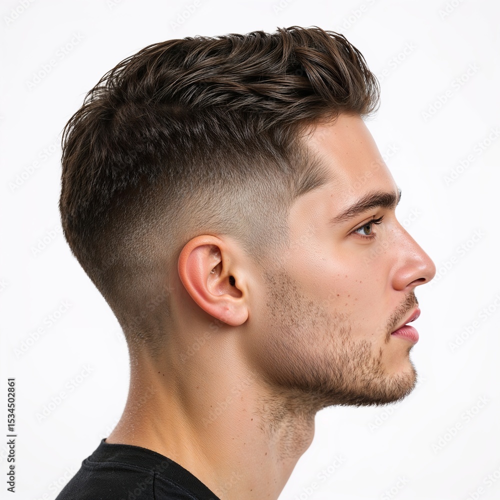 Obraz premium Male with modern haircut portrait side view over white background, no shadow