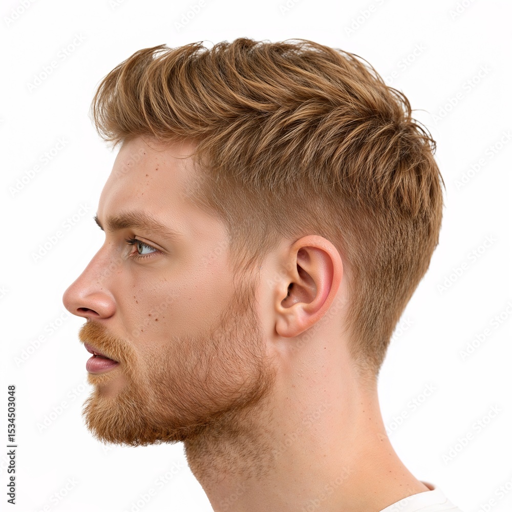 Fototapeta premium Male with modern haircut portrait side view over white background, no shadow