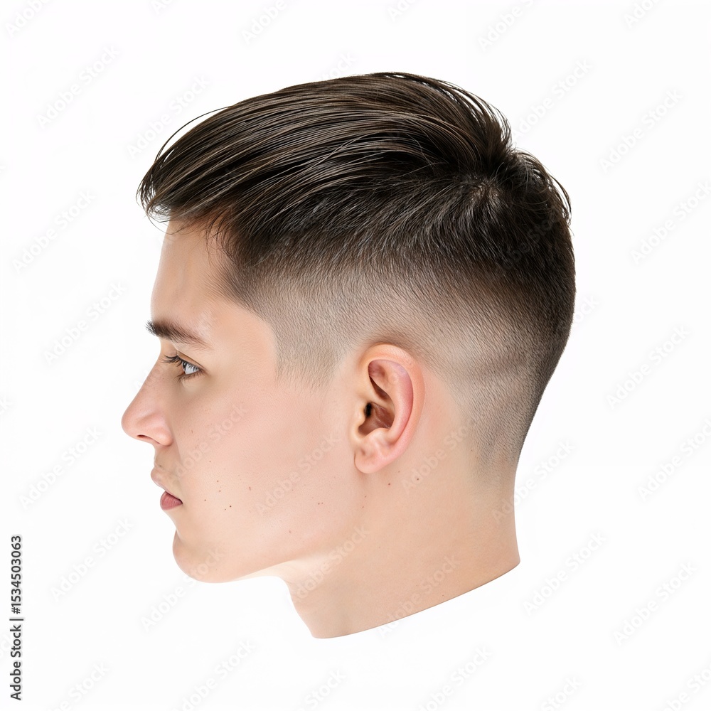 Obraz premium Male with modern haircut portrait side view over white background, no shadow