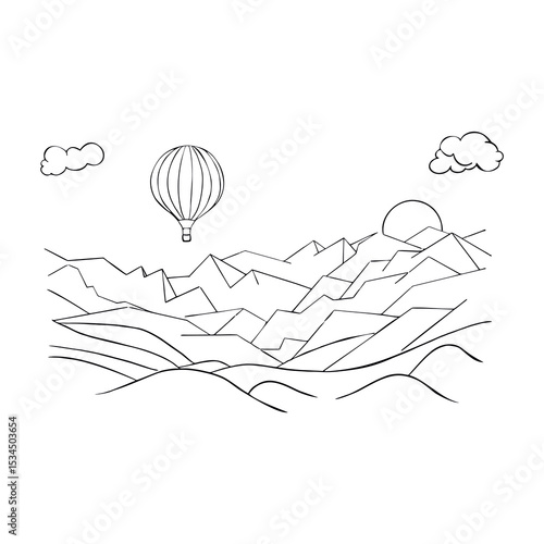 A hot air balloon is flying in the mountains