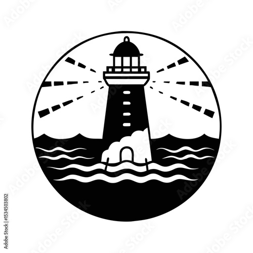 Monochrome lighthouse in the sea circle vector drawing vector design silhouette icon