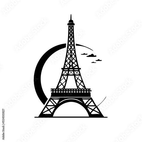Eiffel Tower Black and White Silhouette with Circular Element and Clouds silhouette icon