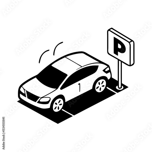 Isometric car in a designated parking space, ready for autonomous parking maneuver silhouette icon