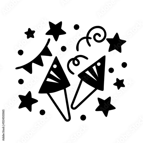 Black and white graphic vector of party elements and decorations isolated silhouette icon
