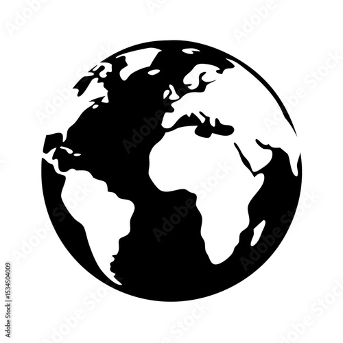 Stylized black and white globe vector showing continents and the shape of the earth silhouette icon