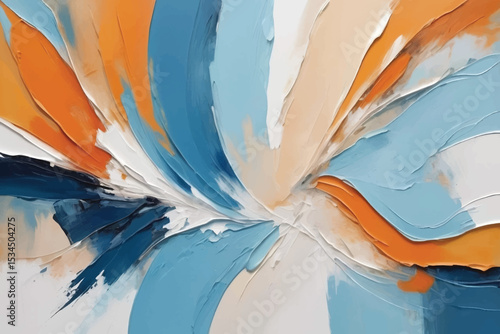abstract oil painting with light pastel colors, oil on canvas white, marine blue and amber orange, wallpaper, background, use of palette knives, realistic hyper-detail, expressive brush strokes